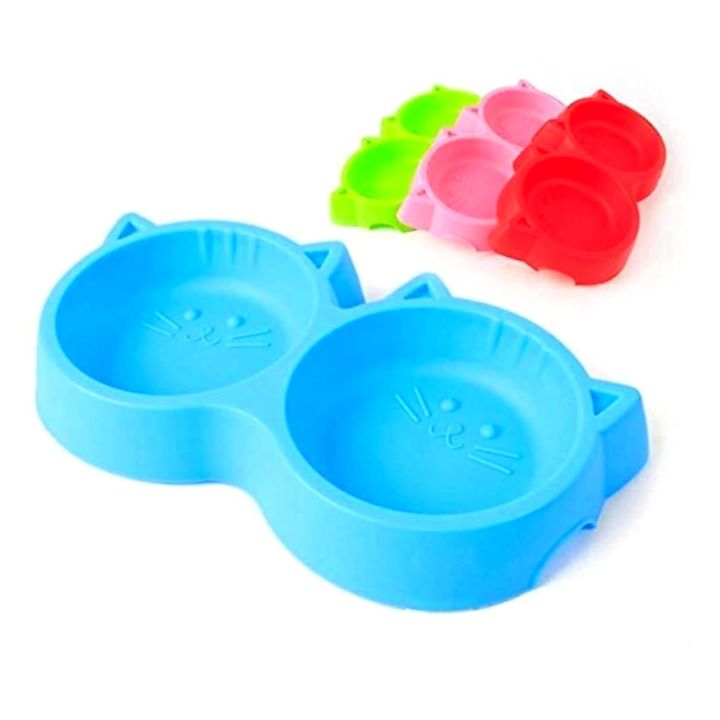 Cat Shaped Double food bowl Pet Plastic food bowl Foodie Puppies Non-Slip, Non-Toxic Pet Feeding Plastic Cat Face Shaped Double Bowl Food & Water Feeder 2-in-1 Bowl for Dogs, Puppies, Cats & Kittens - Multi Colour