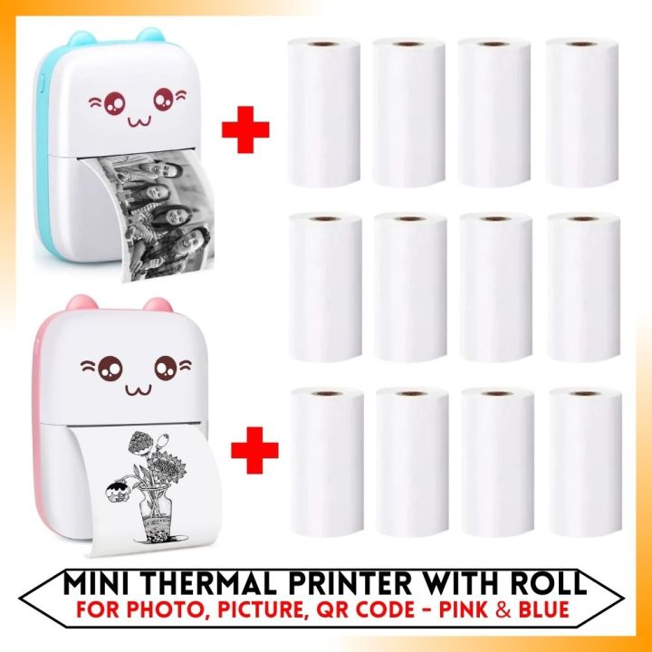 Mini Printer Pocket Inkless Mini Printer In Pink & Blue 1x To 20x Thermal Paper Roll ( With Roll & Without Roll ) - Thermal Portable Bluetooth Wireless Mini Printer For Kids - Office Receipt, Label Note, QR Code - Compatible With IOS & Android