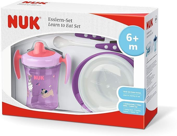 NUK Learn to Eat Set | Trainer Cup Sippy Cup (230 ml) | Feeding Bowl and Feeding Spoons | 6+ Months | BPA-Free | Purple | 4 Count