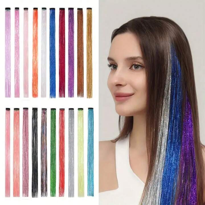 Sparkle Synthetic Clip In Hair Extension Holographic Glitter Colorful Laser Silk Party Hair Extensions Gold Silk Bing Hair