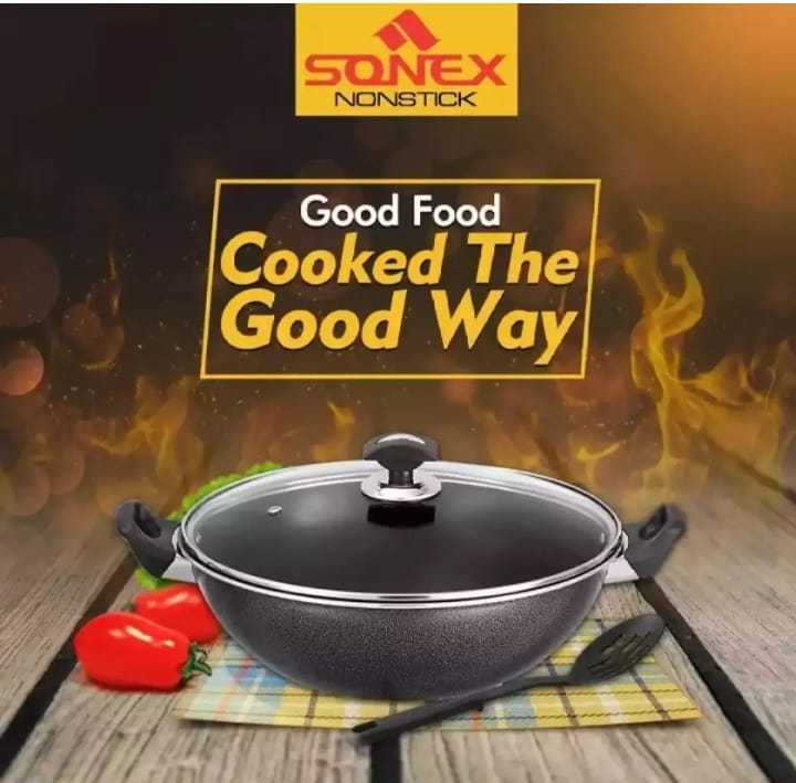 Sonex Non Stick Cooking Wok With Glass Lid - Black Karahi 36 CM