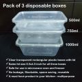 Pack of 3 disposable boxes with lids - 500ml, 750ml, 1000ml. 