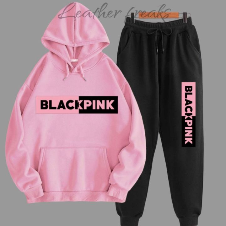 Blackpink Printed Fleece Full Sleeves Pull Over Hoodie & Trouser For Women & Girls