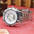 Men Hand-Winding Skeleton Automatic Mechanical Stainless Steel Sport Wrist Watch. 