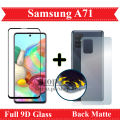 Samsung A71 Full Black 9D|5D|6D|10D|11D|21D Tempered Glass Screen Protector Full Glue Edge To Edge + Back Matte Protector Soft Skin Sheet Soft Film Protector For Galaxy A71. 