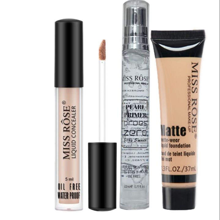 MISS ROSE Concealer , Matte Foundation &  Pearl Primer 22ml - 3 Pcs Set