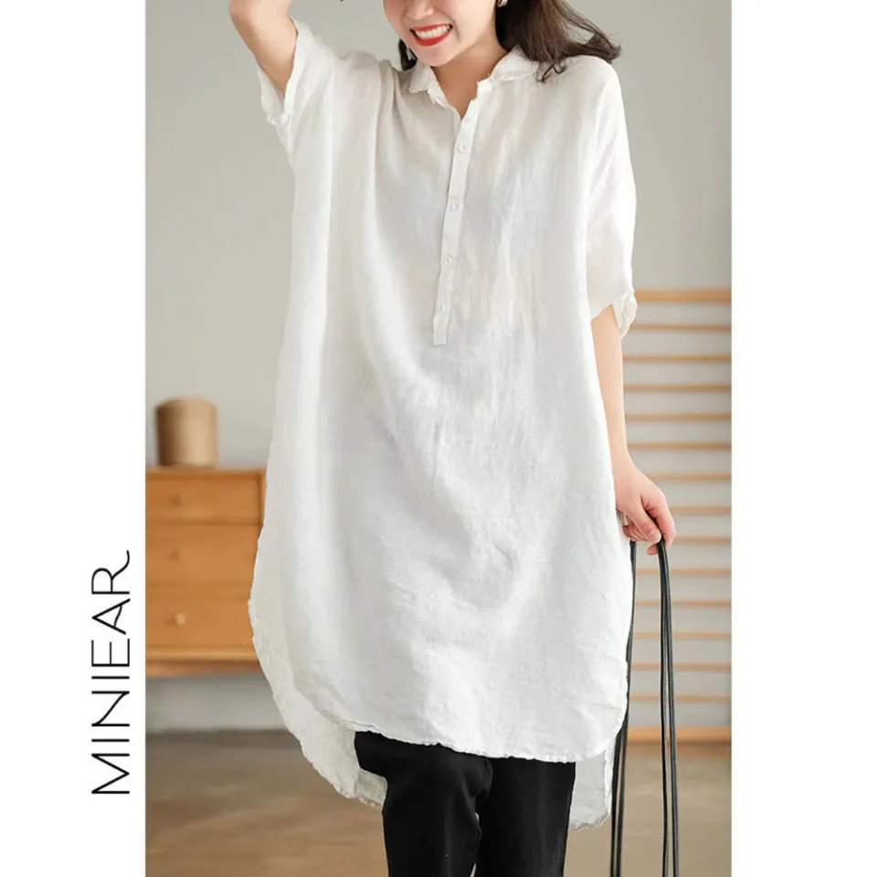 Yfashion Women Linen Shirt Retro Button Design Half sleeve Solid Color Casual Mid length Blouse Tops color Daraz.pk
