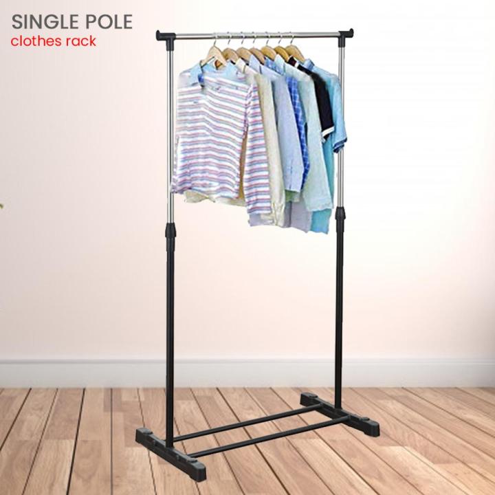 Techmanistan Stainless Steel Single Pole Clothes Hanger With Shoe Rack Sheet, Outside Single Rail Clothes Drying Storage Rack, Shoe Rack, Mobile Clothes Rack Single Rail, Single Pole Telescopic Clothes Rack
