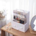 Modern Cosmetic Organizer Makeup Storage Holder, Display Make up Caddy Shelf Organization Boxes Case Dustproof, Handle and Drawer on Countertop. 