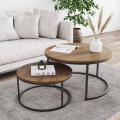 Round Modern Nesting Coffee Table Set of 2, Stacking Living Room Accent Cocktail Tables with an Industrial Wood Finish and Powder Coated Metal Frame, Reclaimed Oak/Black. 