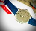 Comely Quartz Analog Wrist Watch for Men – Blue Leather Strap, Silver Case, Subdial Design. 