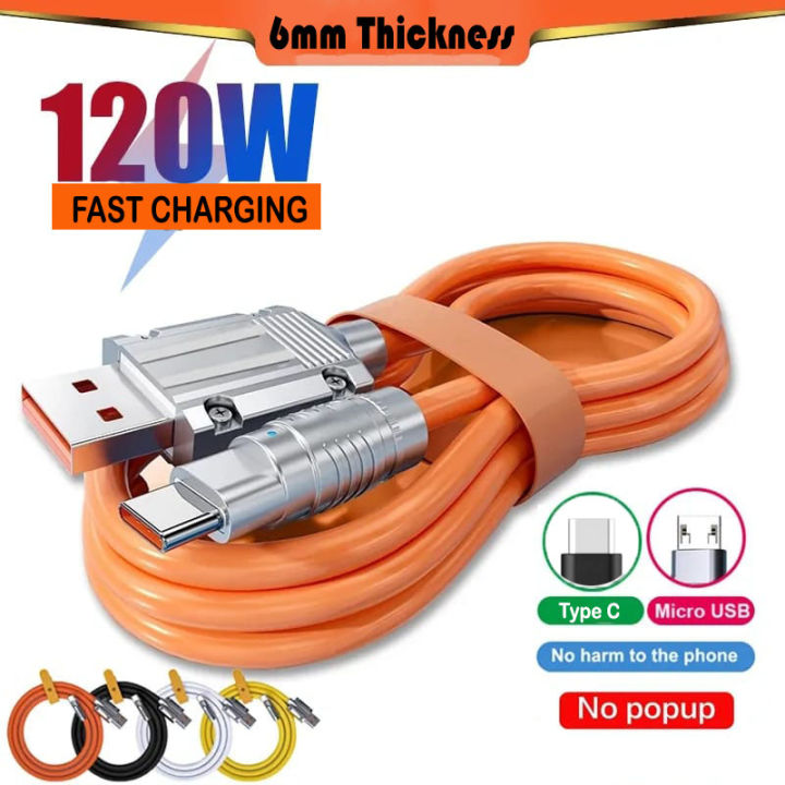 Universal 120W Liquid Silicon Fast Charging Data Cable, Micro USB/Type C, 6mm, For Samsung, Redmi, Oppo, Realme, OnePlus