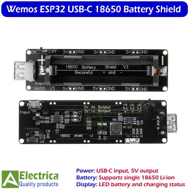 Wemos ESP32 USB-C 18650 Battery Shield V3 with LED Display for Arduino, Raspberry Pi & IoT Projects by Electrica