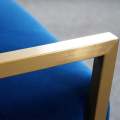 Modern Royal Blue and Matt Gold Wooden Sofa with Arms - Single Seater Upholstered Chair for a Comfortable Living Room. 