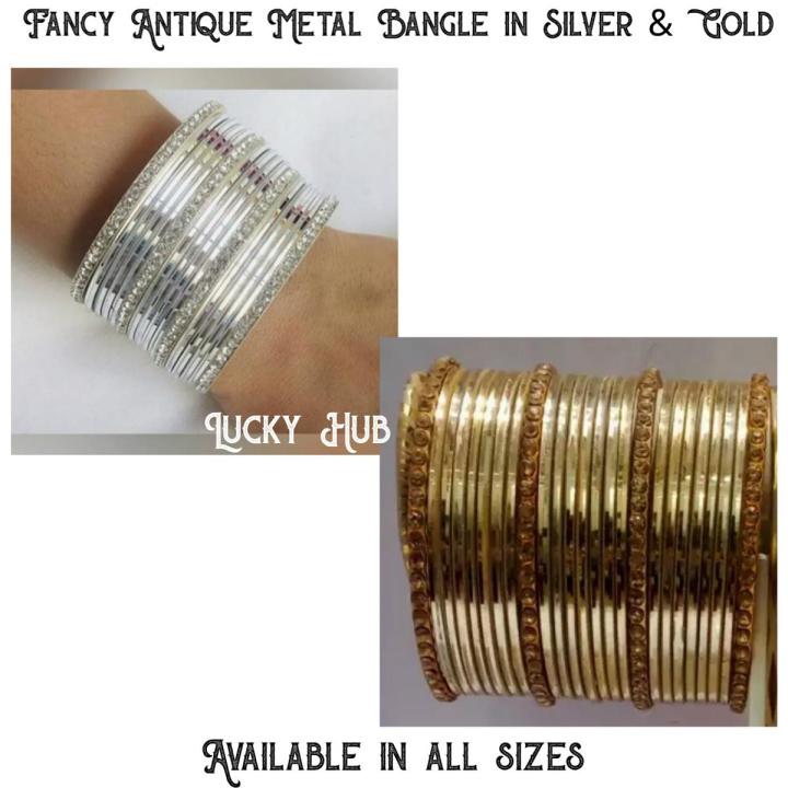 Fancy Antique Metal Bangle In Gold & Silver  And Single Line Diamond Bangle 24 Pieces For Girls With Extra Shinning All Sizes available ( Do, Sawa and Dhai )