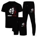 Pack Of 3 Money Heist Printed Track Suit For Men Black T Shirt Trouser And Shorts Set Casual Loungewear. 