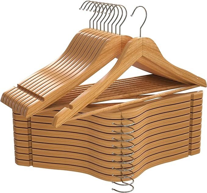 Relaxsit Pack Of 20 , 30 and 1 pc Single Wooden Suit Hangers with Non Slip Pants Bar made with pure natural wood.