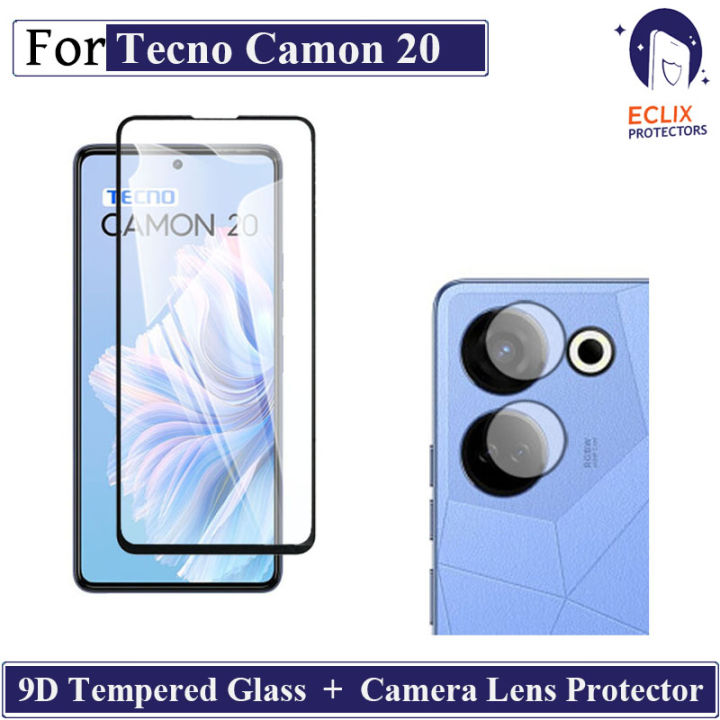 ECLIX PROTECTORS 2 IN1 9d Tempered Glass For Tecno Camon 20 Screen Protector + Back Camera lens Film For camon20 - Transparent
