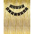 Happy Birthday Black Banner With Golden Bachdrop Curtains For Birthday Decoration. 