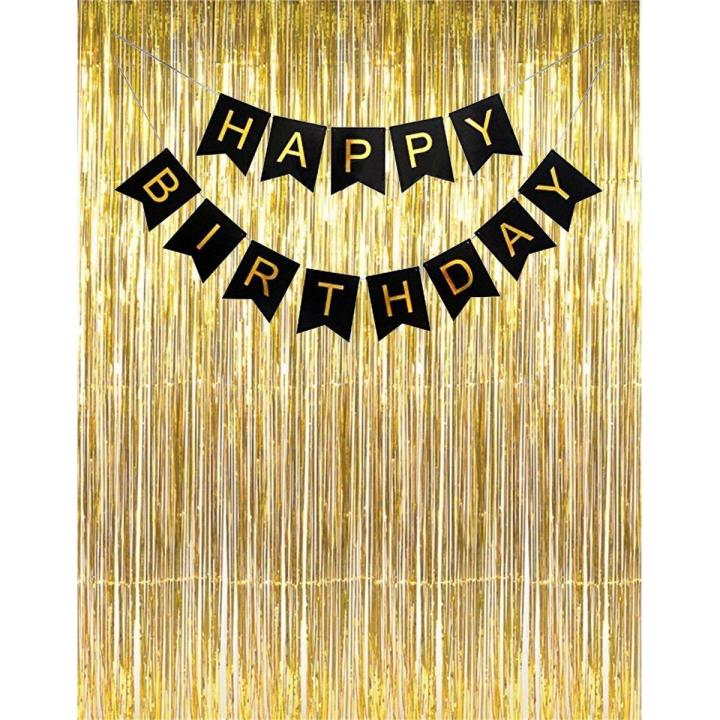 Happy Birthday Black Banner With Golden Bachdrop Curtains For Birthday Decoration