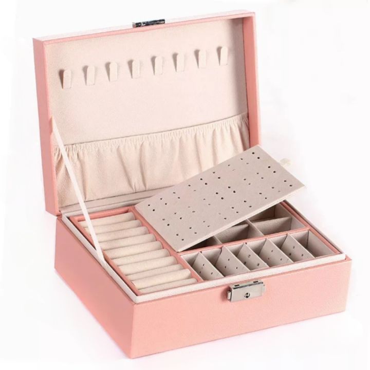 Leather Jewellery Organizer with Locker  2 Layers Cosmetics Ear Rings & Necklace_Hanging Holder  Jewelry Box Vanity Hanger Stand Fold able Makeup