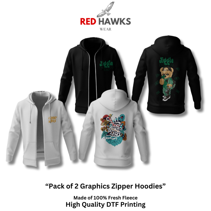 Red Hawks Wear Pack Of 2 DTF Printed Zipper Hoodies for Men | Men's 100% Original Graphic Hoodie | Premium Soft Breathable Winter Hoodie | Graphic Printed Hoodies | Stylish Jacket for Men | Free Delivery