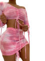 2Pcs Ladies  Top Short Skirt Set, Summer Unique Printing Strapless Long Sleeve Lace Up Crop Top + Ruched Mini Skirt Kit. 