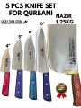 5 PCS QURBANI KNIFE SET- STAINLESS STEEL MADE BUTCHER KNIVES IMPORTED STEEL AND 1 1.25KG KAMANI TOKA-NAZIR KAMANI TOKA-STEEL KNIFE WITH FULL TANF HANDLE-PROFESSIONAL  BUTCHER KNIFE SET WITH BONE CUTTER CLEAVER. 