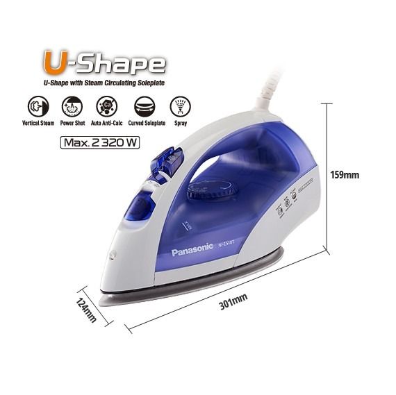 New Panasonic NI-E510 U-Shape Steam Iron - Curved Soleplate - Vertical Steam - Powershot - Auto Anti-calc  Dry & Steam Iron -  1950 W-2380 W - Multi-colour