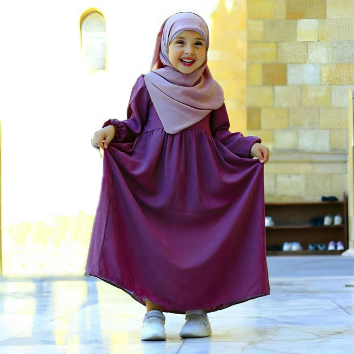 Baby Girl Abaya with Hijab 2 Piece Set Georgette Long Sleeve O-Neck Casual Outfit in Purple with Pink Scarf