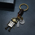 Punk Cartoon Robot Pendant Genuine Leather Keychain For Men Cowhide Key Ring Car Key Chain Waist Accessory. 