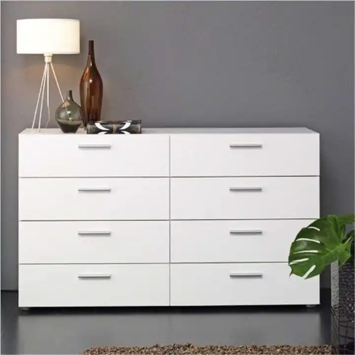 Modern 8-Drawer Wooden Dresser - White Shine Sideboard with Bar Handles for Elegant Living Room Decor
