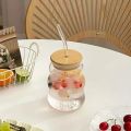 Techmanistan 500ml Glass Cups with Bamboo Lids and Glass Straw, Round Glass Mug With Handle, Straw & Wooden Lid, Drinking Glass, Adorable Glass Cups with Lids and Straw, Glass Tumbler Coffee Cup Coffee Mug. 