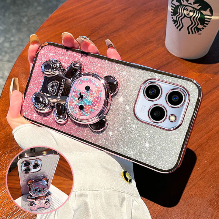 For Tecno Spark 10 4G / Spark 10C / Spark 10 Pro Back Cover with 3D Bear Hidden Stand Bracket Luxury 6D Gradient Shiny Plating Glitter Women Phone Case Clear Soft Silicone Protective Cases Pouch Girls