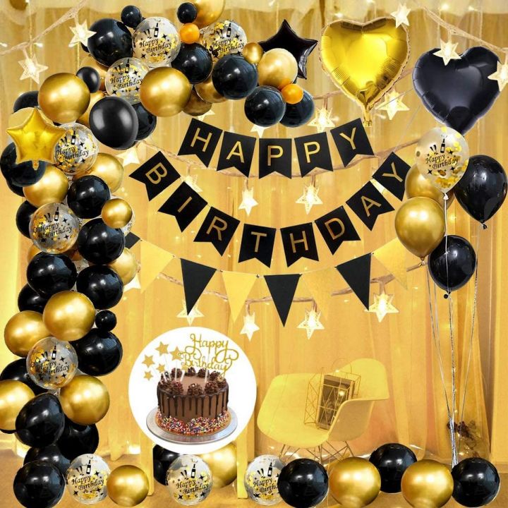 Black Gold Happy Birthday Decoration Banner with Star Foil Balloon Party Supplies Gold, Black Latex Balloon-Birthday Accessories-Beautiful Birthday Theme