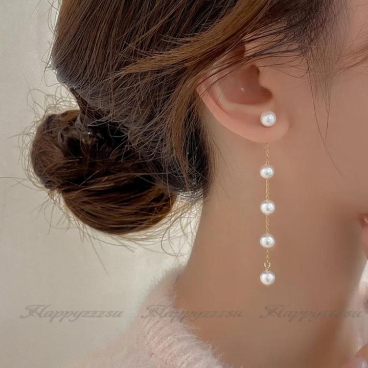 White pearl beaded long earrings - decent look- casual wear - for daily use - light weight- korean fashion- silver / golden