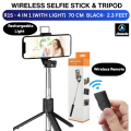 4 in 1 Wireless Selfie Stick Foldable Mini Tripod Stand R1S Tripod (WITH LED LIGHT) | R1 (Without Light) Selfie Light Mobile Holder With Fill Light Shutter Remote Control For IOS Android | For Tiktok Vlogging Photography. 