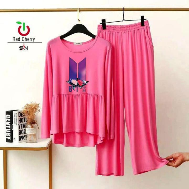 Pink Bts Printed Flapper Cotton Nightsuit For Women Nightwear Pajama ...