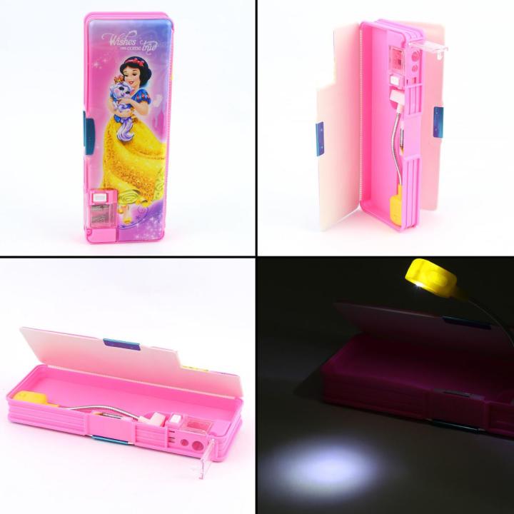 Pencil Box with Sharpner & LED Lamp Light , 2-Sided Cartoon Printed Case for School, Birthday Gift for Kids - Art Plastic Pencil Case (Random Design)