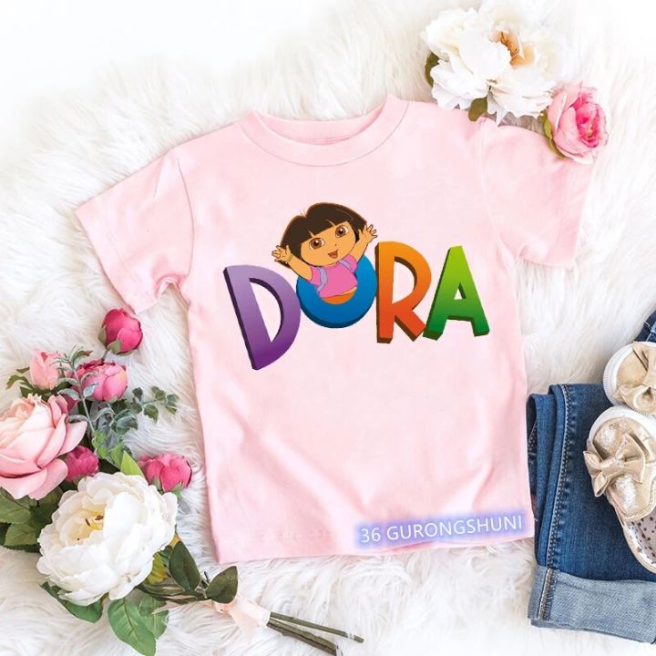 Fashion Kawaii Girls T-Shirt Dora Explorer Cartoon Print Kids Tshirt Summer Aesthetic Girls T Shirt Pink Short-Sleeved Tops