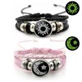 Luminous Sun & Moon Couple Bracelets – Adjustable Black & Pink Braided Leather Matching Bracelets for Couples, Glow-in-the-Dark Charm Jewelry Gift for Him & Her. 