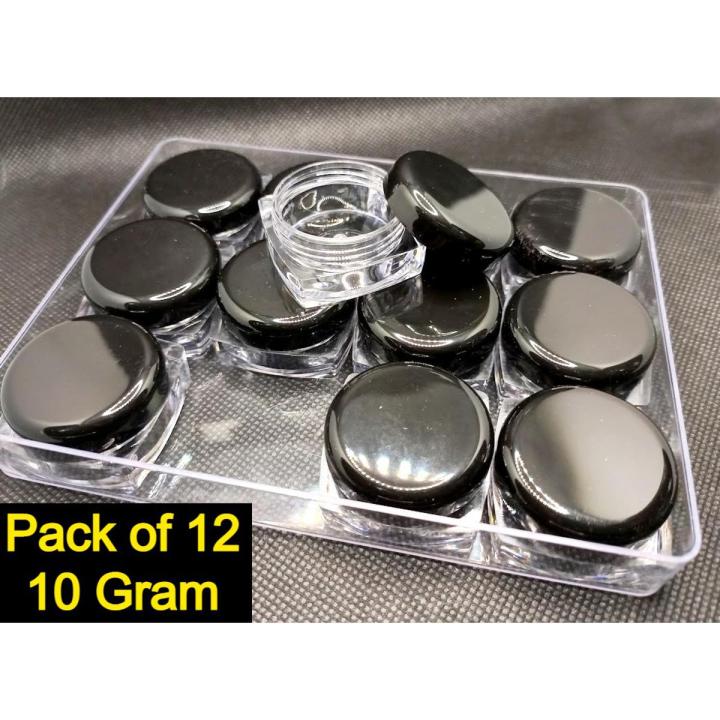 Pack of 12 Empty Cosmetic Containers 10gram Black Cap With outer Acralic Box - Square Shape Mini Plastic Empty Bottle - Makeup Face Cream Pot Jar Refillable Cosmetic Sample Bottles
