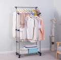 Multipurpose & Adjustable Stainless Steel Double Pole Cloth Hanger with 2 shelves for Floor Type Clothes Hanging & Drying purpose for Laundry & Bedroom | Stainless Steel | Single Pole or Double Pole. 