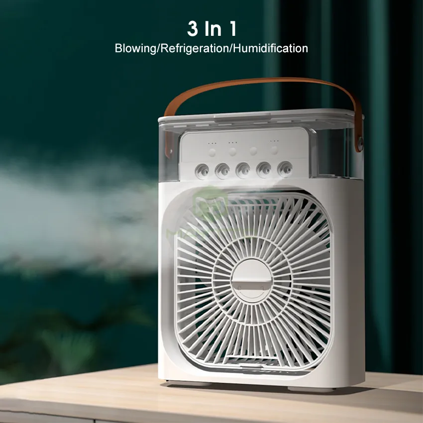 3-in-1 Portable Air Conditioner Fan – Mini USB Desk Cooler with Humidifier, Spray, 7 Lights & 600ML Tank
