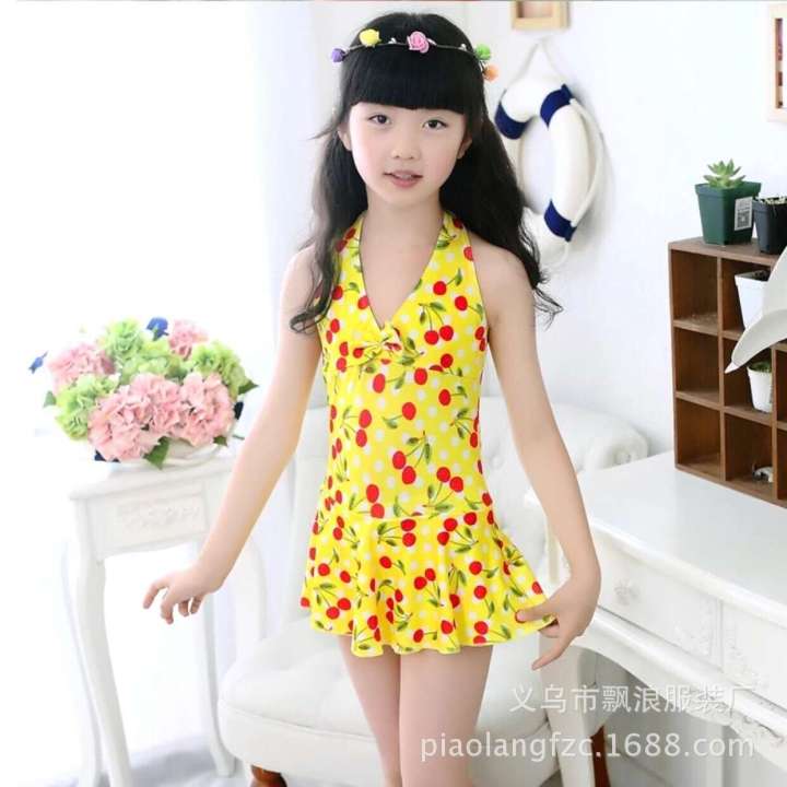 Korean version of children's one-piece bikini, cherry patterned skirt style for older children, skin friendly, comfortable, and high elastic swimsuit