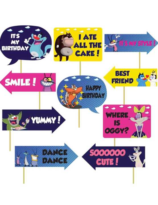 Oggy and the cockroaches Theme Birthday Props 10Pcs Birthday Decoration Items | Props for Kids Theme Birthday Decorations Birthday Photobooth Props for Kids by Karachi Decor