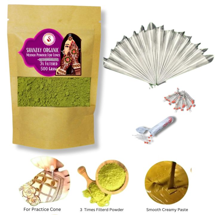 Colorless Organic Mehndi Powder for  Mehndi Cones and practice   hands - 500 Grams mehndi powder with 25 pre rolled empty  Mehndi Cones and 25 mehndi cone pins