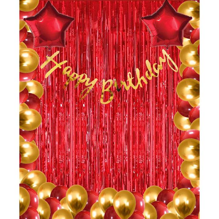 Red and Gold Theme Birthday kit Balloons Combo with Curtains and Star for Kids Girls Boys Birthday Decoration Items (Gold-Red)