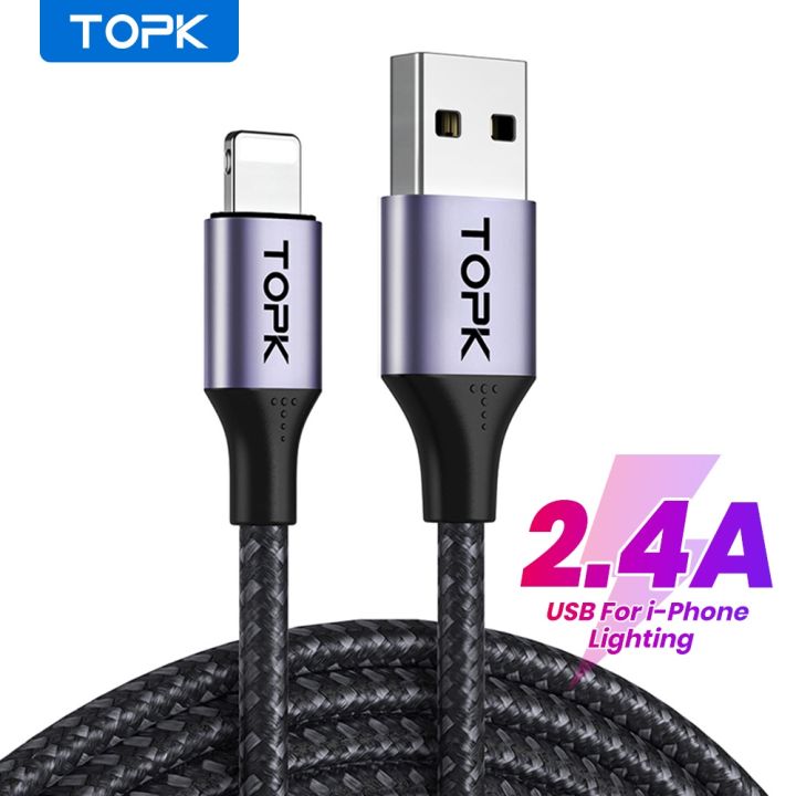 TOPK AN10 Fast Charging 0.25M 0.5M 1M 2M USB Cable For i-Phone 8-Pin Cable Metal Shell Nylon Braided High Qualit