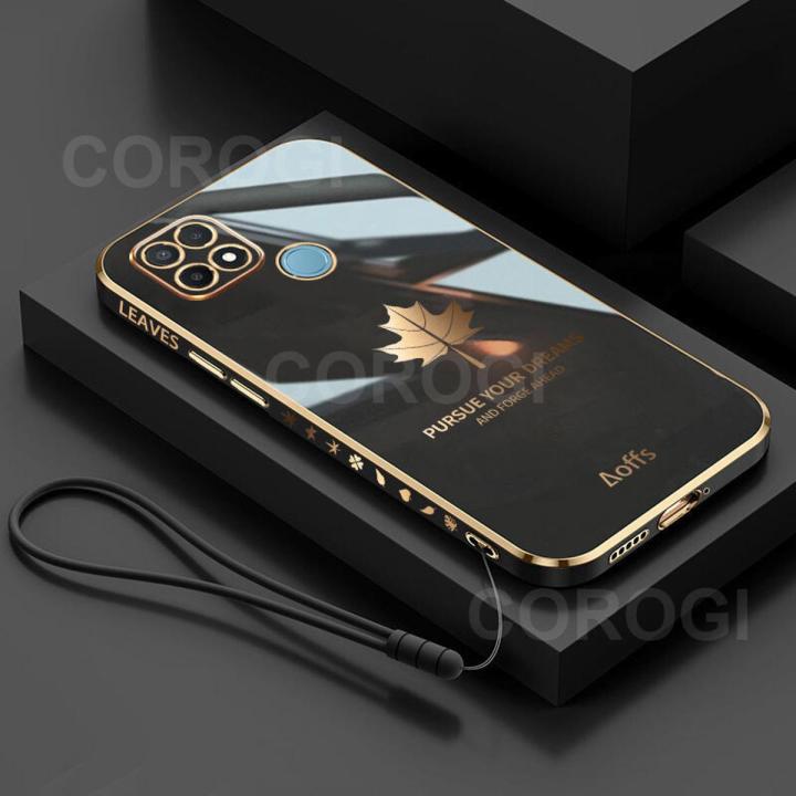 For Realme C25Y C21Y Back Cover with Hand Strap Luxury Shiny 6D Plating Maple Leaves Pattern Protective Case Square Bumper Soft Silicone Mobile Phone Cases